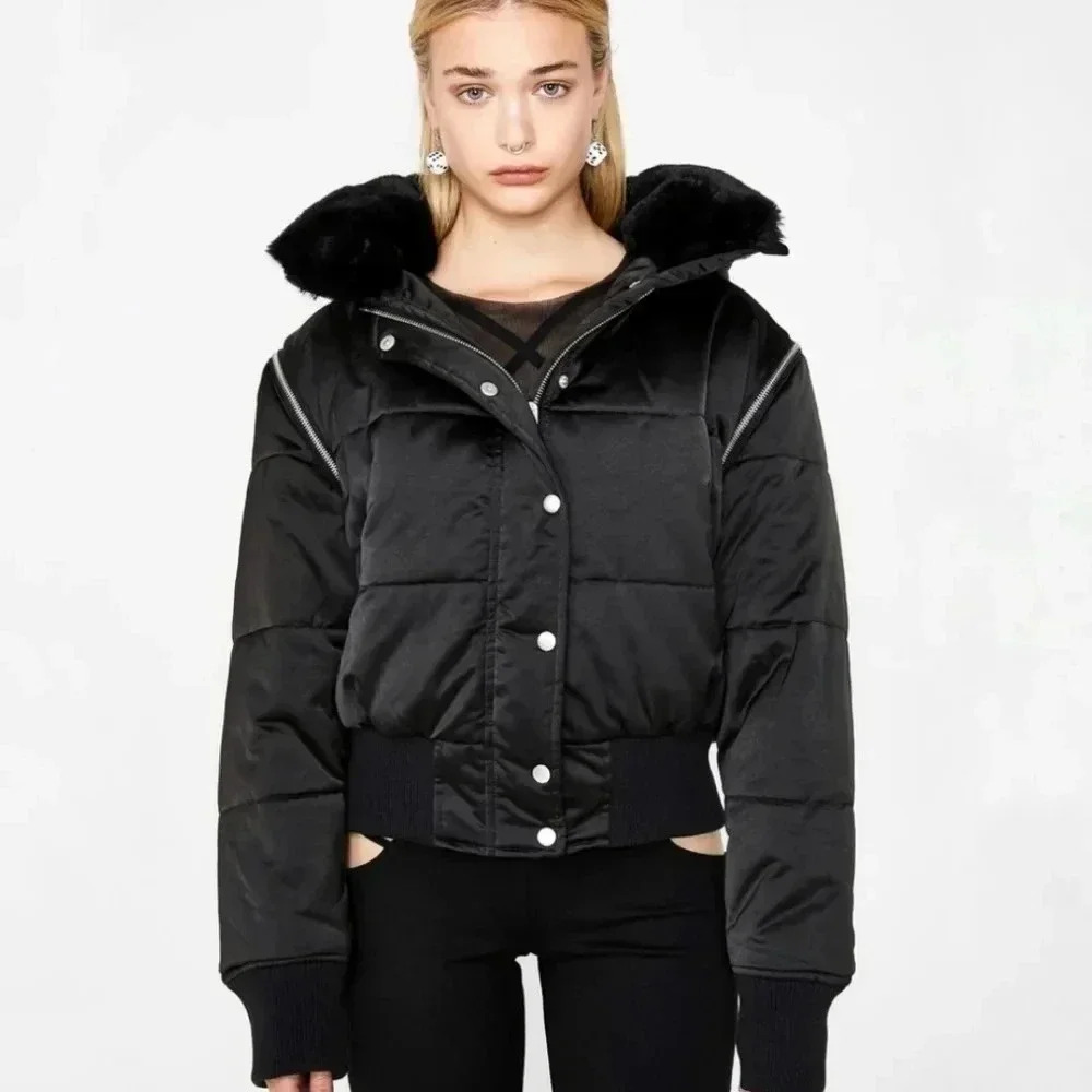 I AM GIA Asta 2-in-1 Faux Fur Satin Puffer Bomber Vest Jacket in Black Fur Hood